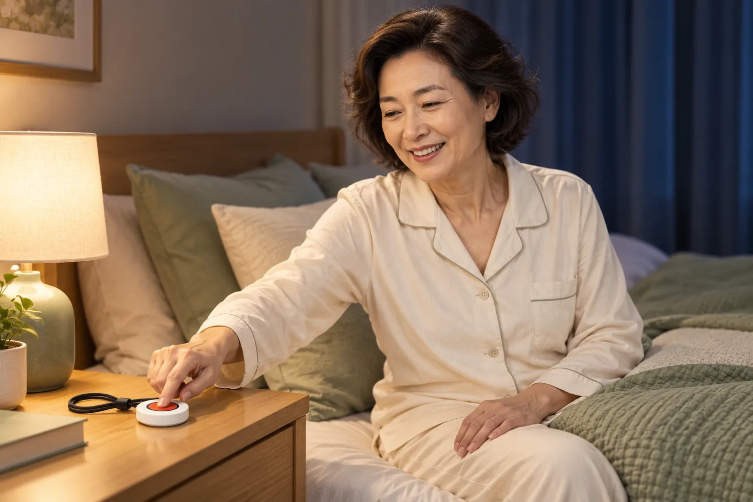 阿姨夜间在卧室床边触达一键呼叫器