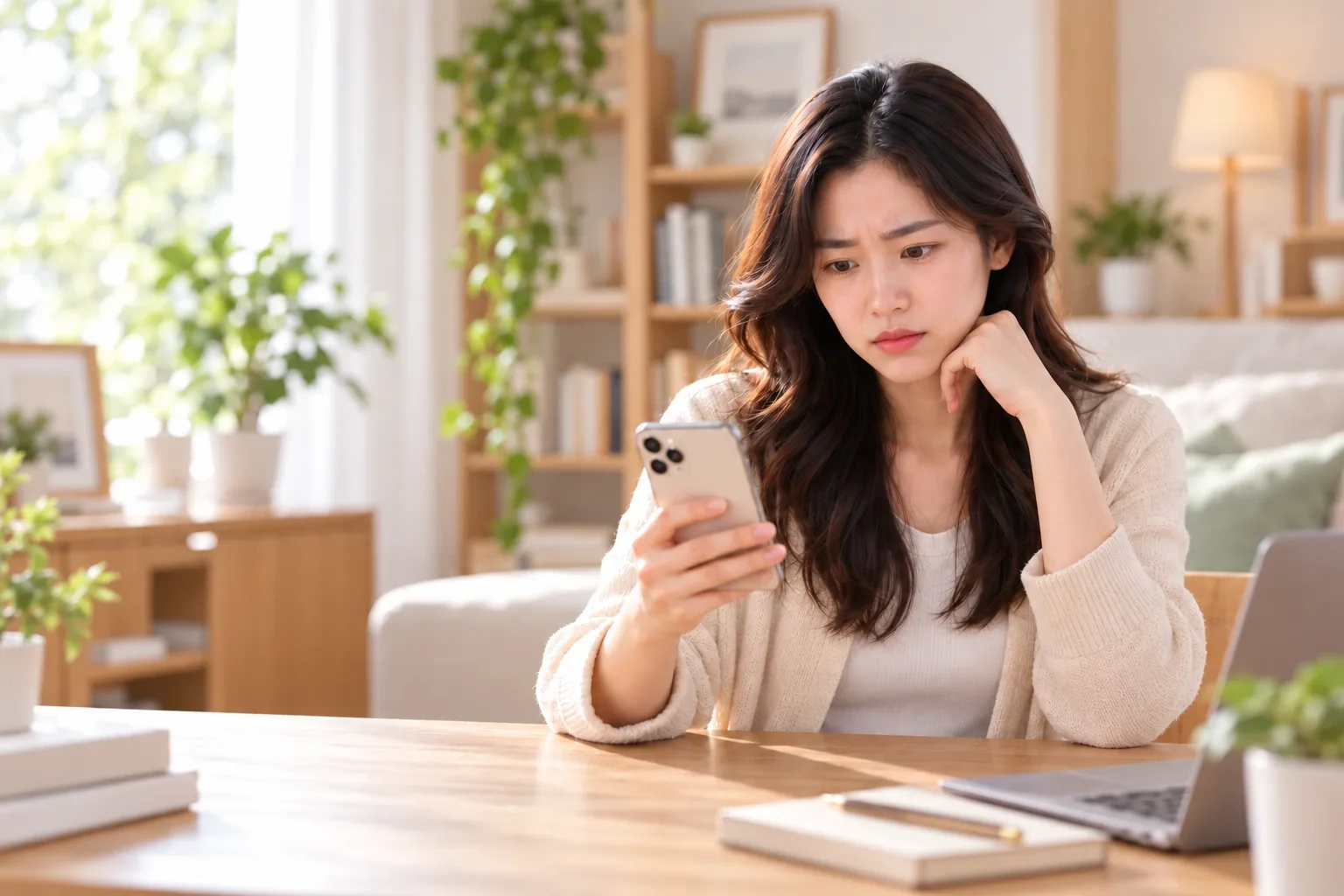 女儿眉头微蹙，焦虑地查看父母异常提醒消息