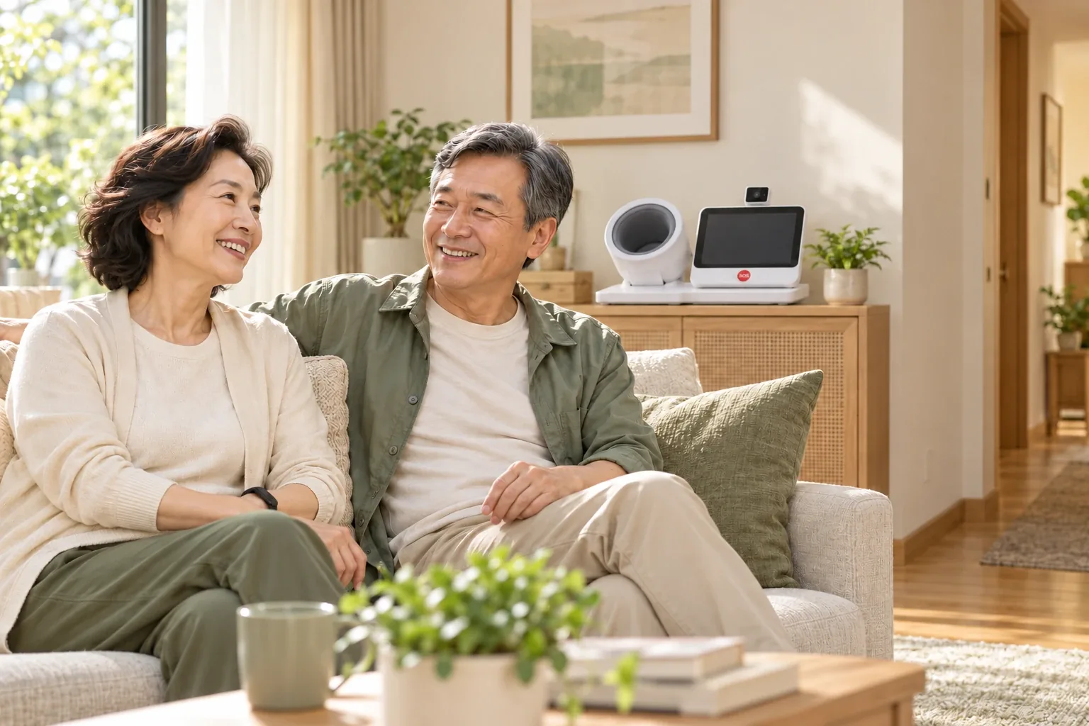 中老年夫妻在明亮居家环境中自然交流