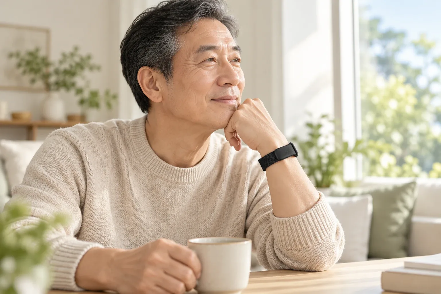 中老年男性佩戴无屏手环在家中休息，关注日常心率记录