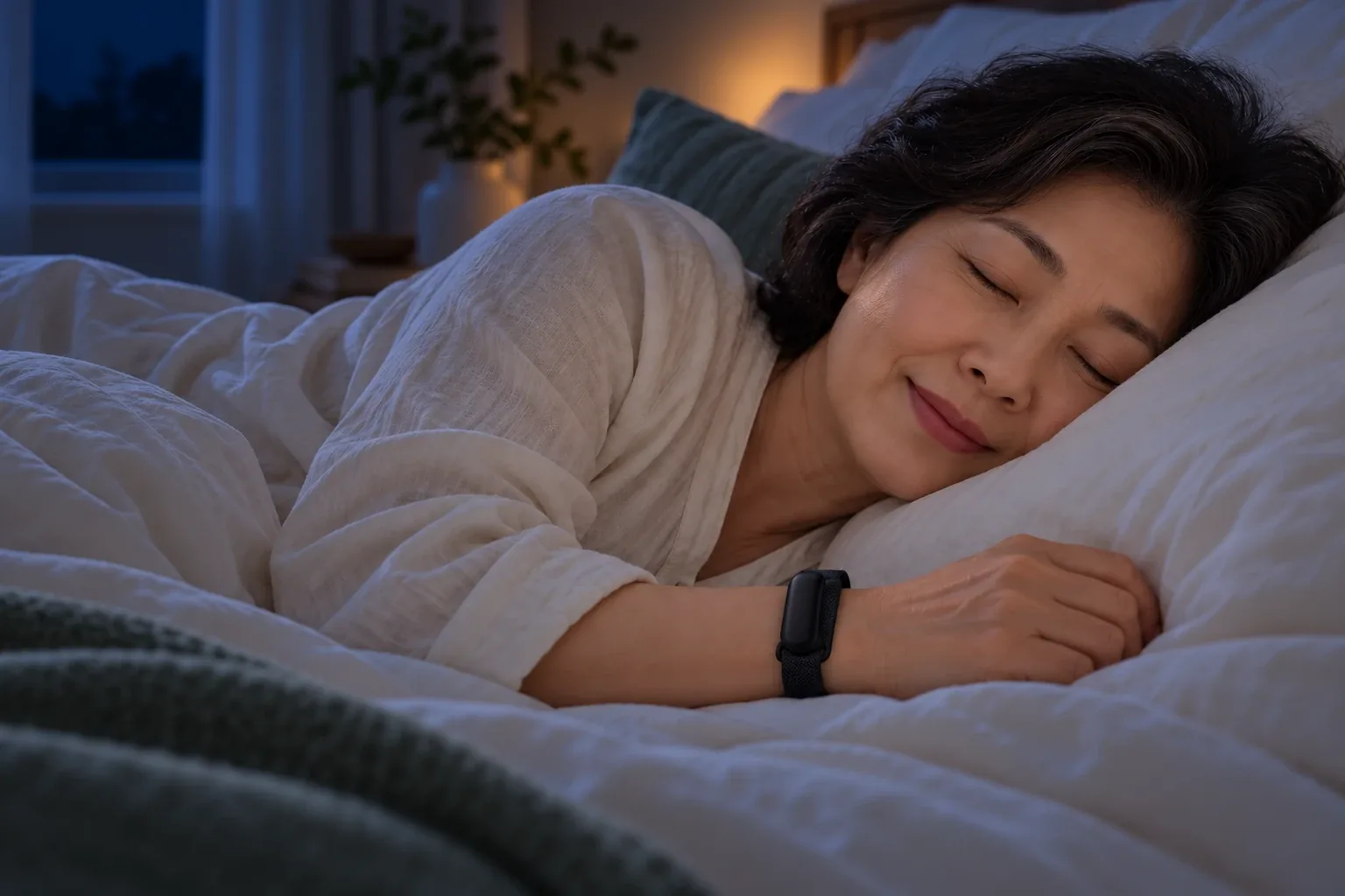 夜间卧室中佩戴无屏手环入睡的场景示意